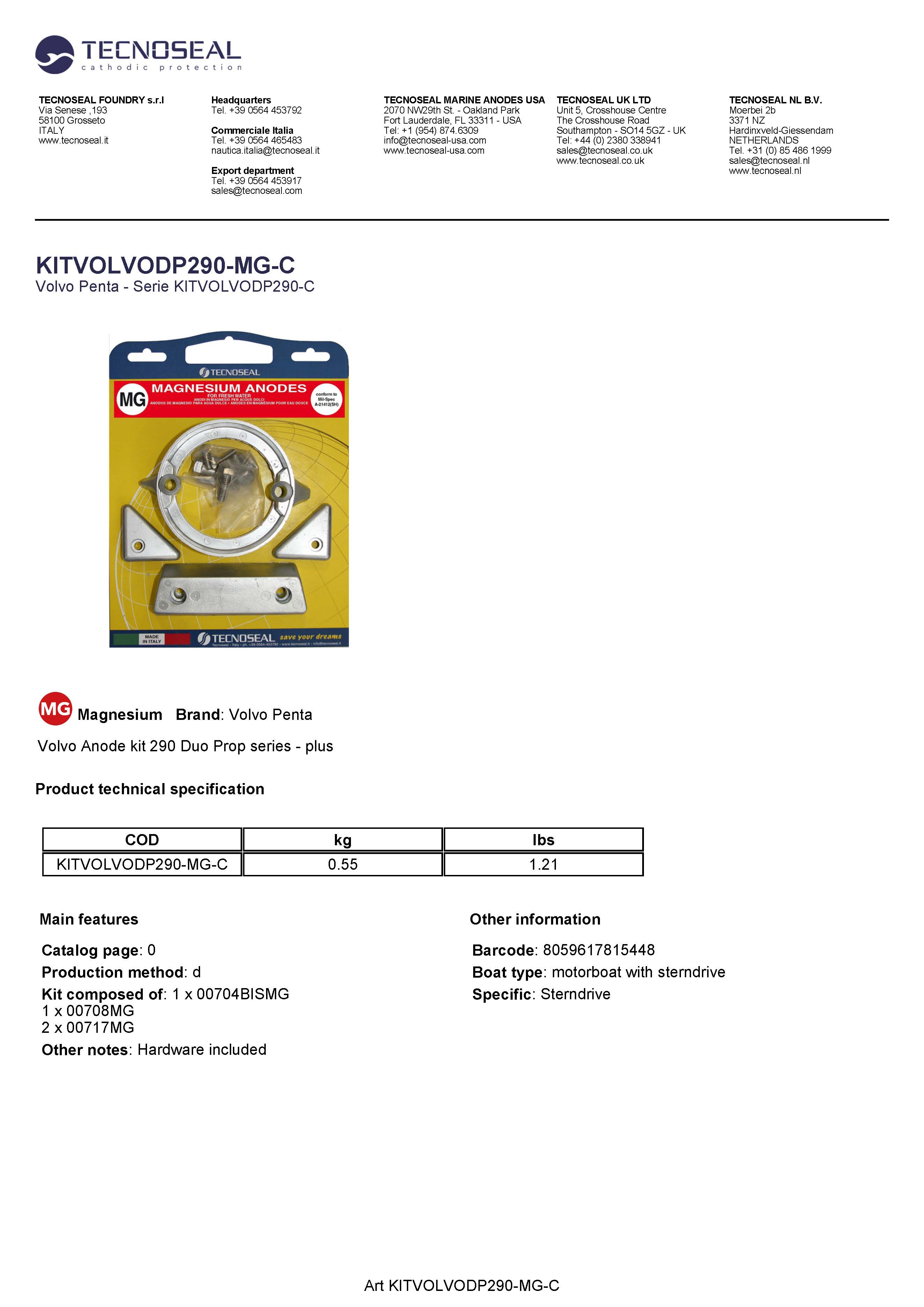 Volvo kit 290 C Duo Prop in magnesium with hardware - Kitvolvodp290 mg c - KITVOLVODP290-MG-C