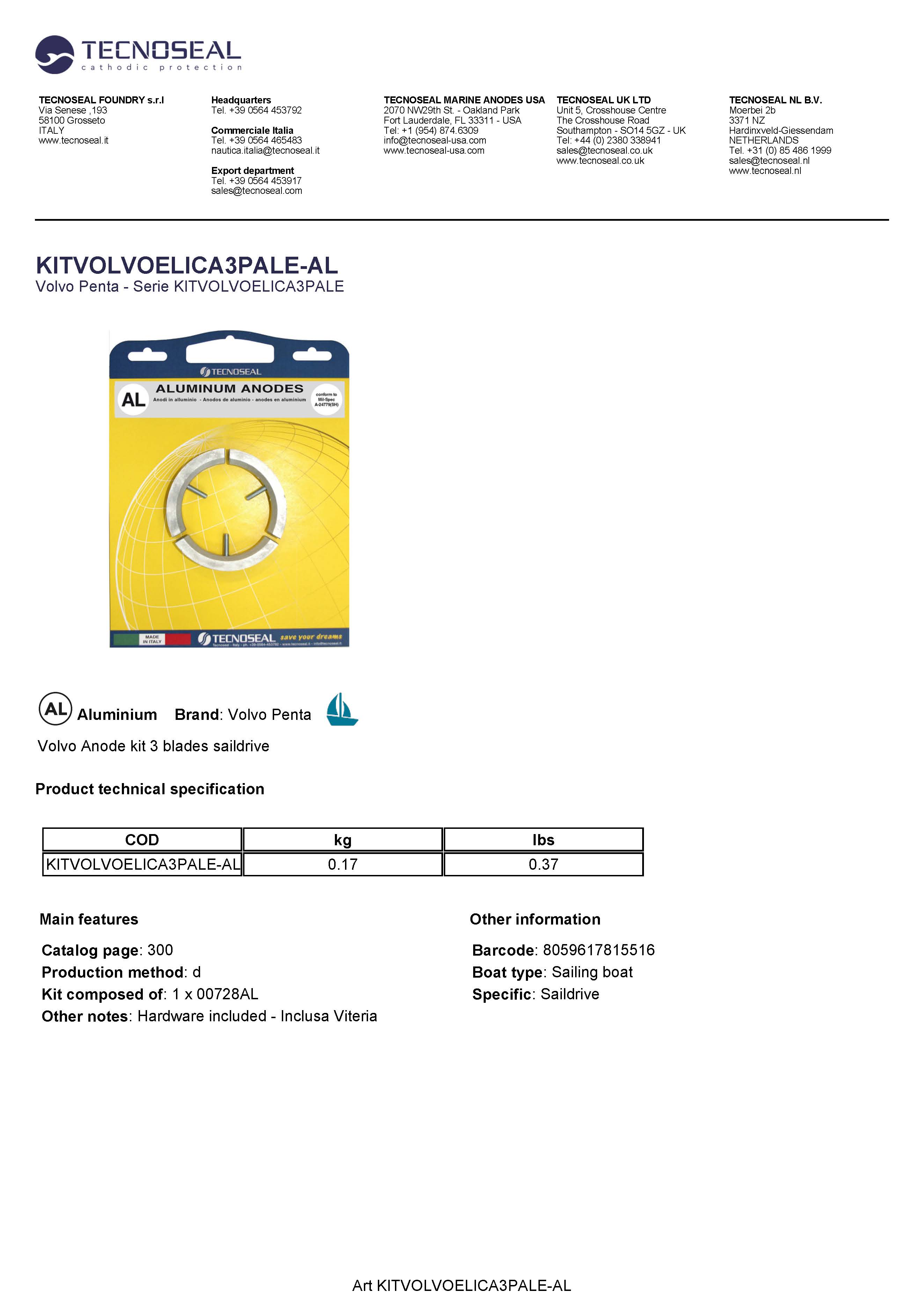 Volvo kit 3 blades saildrive in alluminium  with hardware - Kitvolvoelica3pale al - KITVOLVOELICA3PALE-AL
