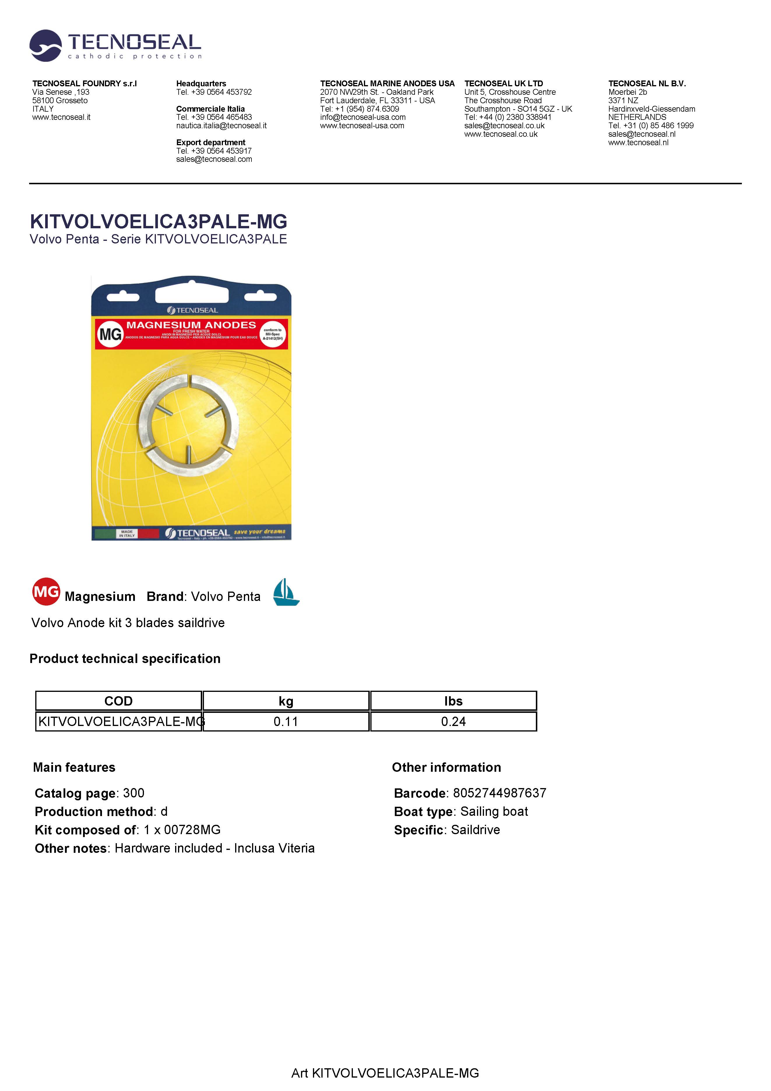 Volvo kit 3 blades saildrive in magnesium  with hardware - Kitvolvoelica3pale mg - KITVOLVOELICA3PALE-MG