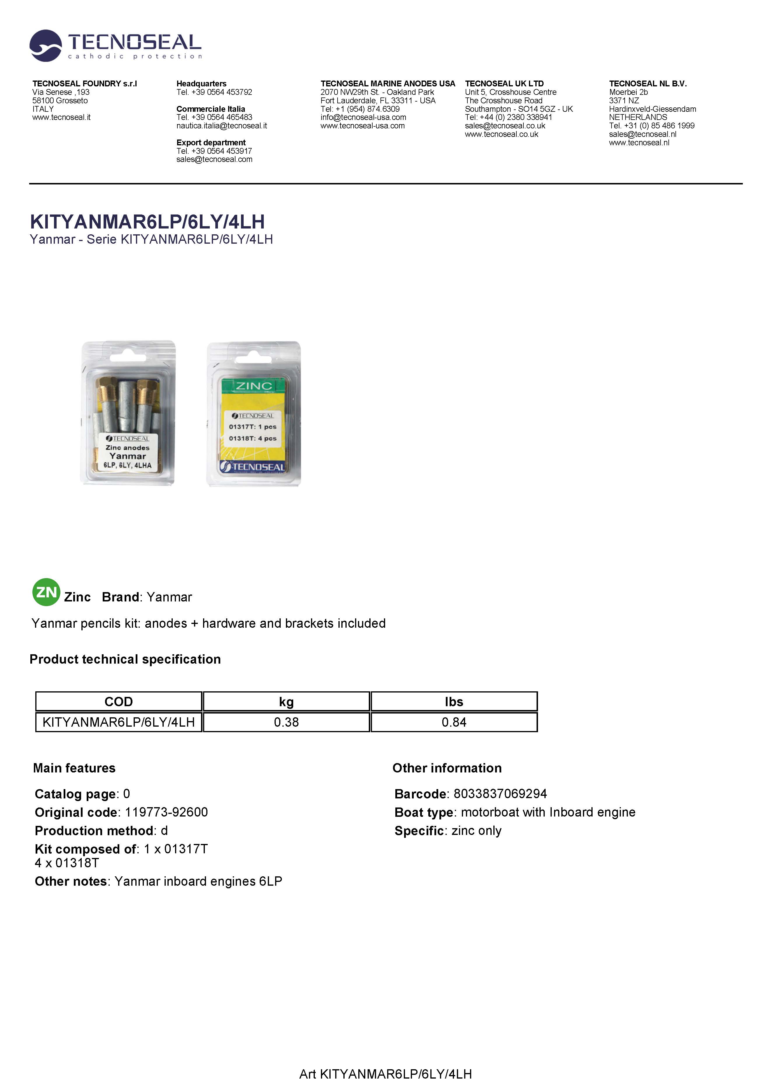 Yanmar pencils kit: anodes hardware and brackets  included - Kityanmar6lp6ly4lh - KITYANMAR6LP/6LY/4LH